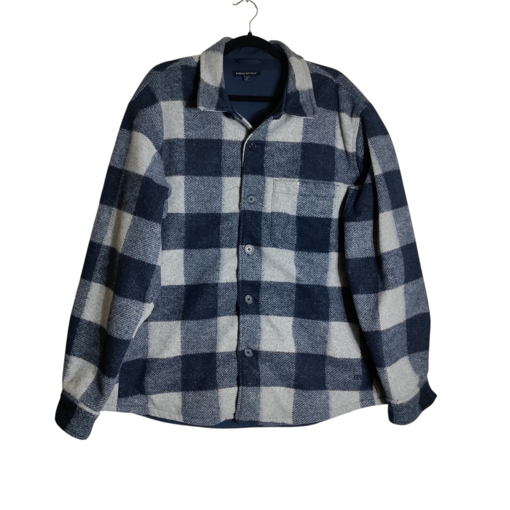 Banana Republic Mens Large Buffalo Plaid Shirt Jacket Navy Grey Fleece Lined L